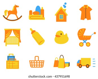 Set of kid flat shopping icons on white background. Shop baby products. Vector illustration.