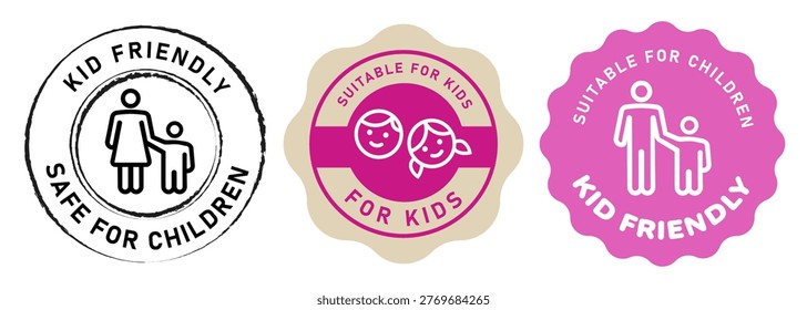 Set of kid friendly and safe for children badges and stamps with parent and child icon for product packaging or service label certification in black white and pink colors for marketing and branding