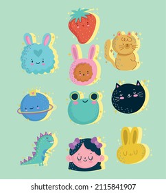set of Kid Illustrations animals and girl