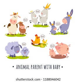 Set of kid and mother farm animals: cow, goat, chicken, hen, donkey, sheep, rooster, pig, piglet