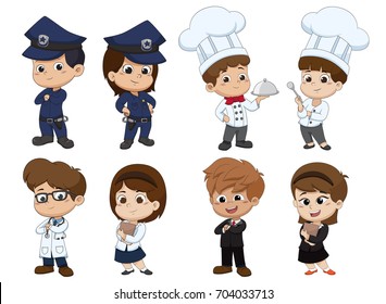 Set Of Kid Occupation,police,chef,docter,nurse,business.Vector And Illustration.