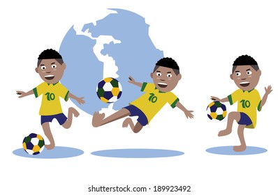 Set of kid play soccer ball. Brazil uniform. Vector