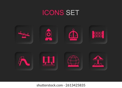 Set Kid playground slide pipe, Rocket ship toy, Seesaw, Playground climbing equipment, Education logic game, Sandbox with sand, Attraction carousel and Slide icon. Vector