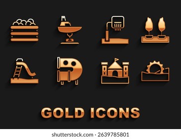 Set Kid playground slide pipe, Forest, Ferris wheel, Sand castle, Basketball backboard, Pool with balls and Swing boat icon. Vector