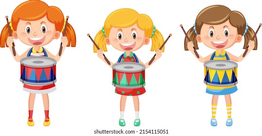 Set of kid playing drum cartoon character illustration
