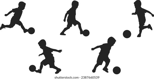 Set of a kid playing soccer silhouettes. Vector illustration