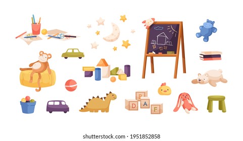 Set of kid plush and plastic toys, chalkboard, pencils, drawings, books, wooden building cubes and blocks for children's entertainment. Colored flat vector illustration isolated on white background - Shutterstock ID 1951852858