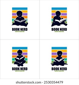 set kid reading book logo template design