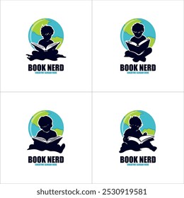 set kid reading book logo template design