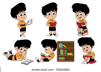 Set of kid reading a book.vector and illustration.