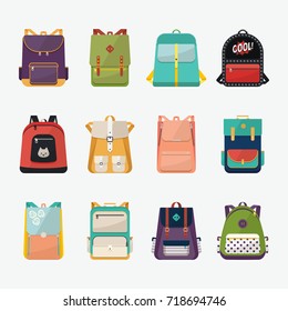 Set of kid rucksack or children bag, people handbag or boysatchel, girl knapsack or voyage backpack for expedition. Baggage or luggage for school or college. Trip or education theme