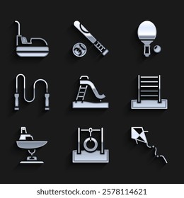 Set Kid slide, Car tire hanging on rope, Kite, Swedish wall, Swing boat, Jump, Racket and ball and Bumper car icon. Vector