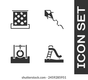 Set Kid slide, Climbing wall, Car tire hanging on rope and Kite icon. Vector