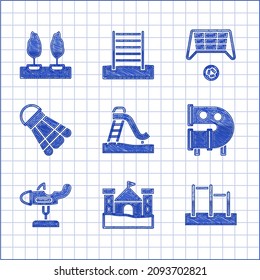 Set Kid slide, Sand castle, Horizontal bar, playground pipe, Swing plane, Badminton shuttlecock, Soccer goal with ball and Forest icon. Vector