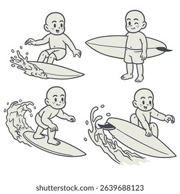 Set Of Kid Surfing Design Illustration