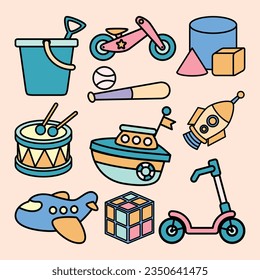 Set of Kid Toys Cute Flat Line Illustration