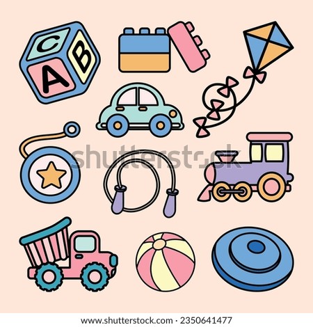 Set of Kid Toys Cute Flat Line Illustration