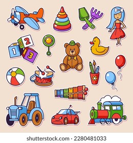 Conjunto de ilustraciones vectoriales de niños juguetes en estilo de dibujos animados. Cute juguetes de niños coloridos paquetes de emoticones. Ideal para impresión, insignia, promoción, diseño web.