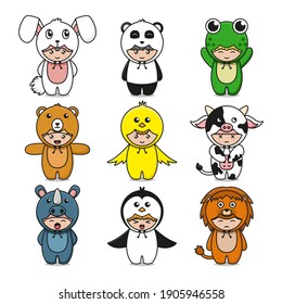 set of kid wear animal costume mascot character. design isolated on white background.