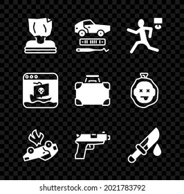 Set-Entnahme, Autodiebstahl, Mord, Burning Auto, Pistol oder Pistole Pistole oder Pistole, Bloody-Messer, Internet-Piraterie und Briefkasten und Geld-Symbol. Vektorgrafik