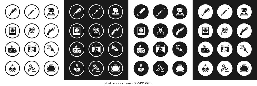 Set Kidnaping, Thief mask, Wanted poster, Baseball bat with nails, Police shotgun, Marijuana joint, Syringe and TV News car icon. Vector