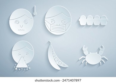 Set Kidney beans, Chicken egg in box, Handkerchief to his runny nose, Crab, Face protective mask and High human body temperature icon. Vector
