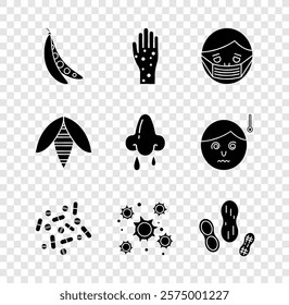 Set Kidney beans, Hand with psoriasis or eczema, Face in protective mask, Medicine pill tablet, Bacteria, Peanut, Bee and Runny nose icon. Vector