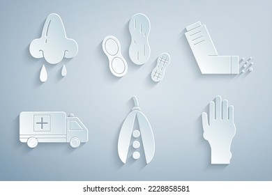 Set Kidney beans, Inhaler, Emergency car, Hand with psoriasis or eczema, Peanut and Runny nose icon. Vector