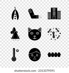 Set Kidney beans, Inhaler, Medical hospital building, digital thermometer, Man with excessive sweating, Chicken egg box, Runny nose and Pet icon. Vector