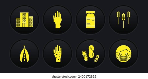 Set Kidney beans, Wheat, Hand with psoriasis or eczema, Peanut, Medicine bottle pills, Face protective mask and Medical hospital building icon. Vector