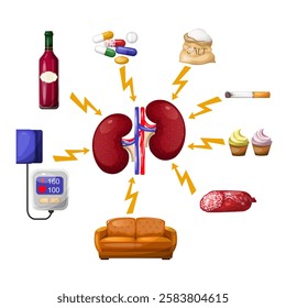 Set kidney factors negatively affecting the kidneys. National Kindey Month. Handmade drawing, isolate, clipart