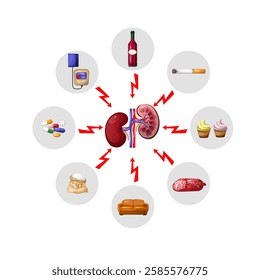 Set kidney factors negatively. Set enemies of the kidneys. National Kindey Month. Handmade drawing, isolate, clipart