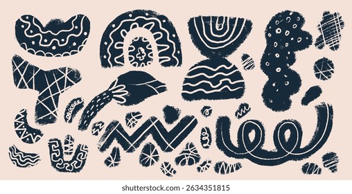 Set of kids abstract art shapes, doodle objects in grunge style. Hand drawn bold brush drawn blue decorative elements, zigzag, squiggly lines. Art naive playful vector shapes. Vector illustration.