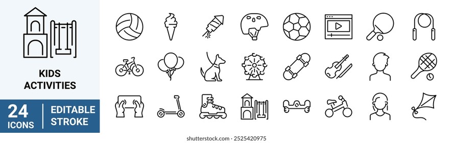 Set of kids activities icons. soccer, sword, roller skate. Vector Illustration