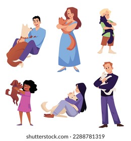 Set of kids and adults hugging cats and dogs flat style, vector illustration isolated on white background. Happy characters, emotional support animal, pet therapy