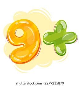 Set of kids age limits sign. 9+ . Colourful numbers, abstract shapes, splashes. Age restriction, isolated vector illustration for movies, games, toys, app. Cartoon style stickers.