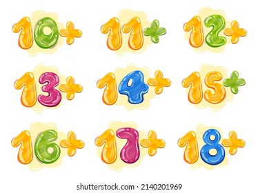 Set of kids age limits signs. Colourful numbers, abstract shapes, splashes. Age restriction, isolated vector illustration for movies, games, toys, app. Cartoon style stickers.