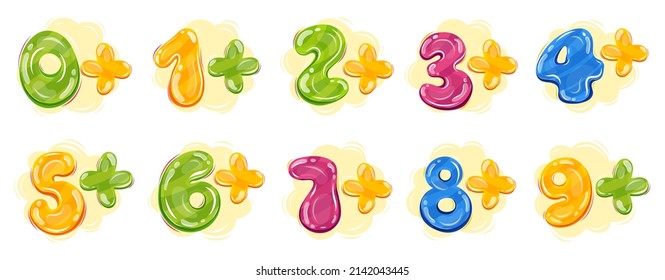 Set of kids age limits signs. Colourful numbers, abstract shapes, splashes. Age restriction, isolated vector illustration for movies, games, toys, app. Cartoon style stickers. Numbers from 0 to 9
