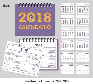 Set Of Kids American Calendar For Desk Year 2018 With 12-month Isolated Pages With Funny Cartoon Dog On Cover. Isolated Calendar Year 2019. Spanish Language. Week Starts On Sunday. Eps 10