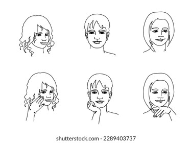 Set kids avatar vector lineart illustration. boy and girl  Minimalist Logo.