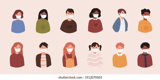 Set of kids avatars. Bundle of children wearing medical face masks to prevent disease, flu, contaminated air pollution. Boys and girls with different skin colors, ethnicities. Flat vector illustration