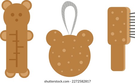 Set of kids bathroom accessories. Vector illustrations. Hairbrush, thermometer, washcloth