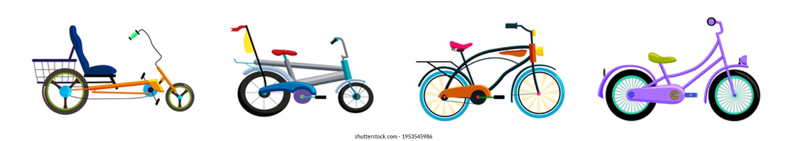 Set of kids bicycles in flat style. Bike icon. Tricycle icon. Bicycle icon. Children toy. Isolated object in flat design on white background. Vector illustration.