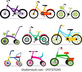 Set of kids bicycles and tricycles in flat. Bike icon. Vector illustration.