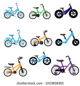 Set of kids bikes. Bicycles for children, for boys. Icons, vector, flat design.