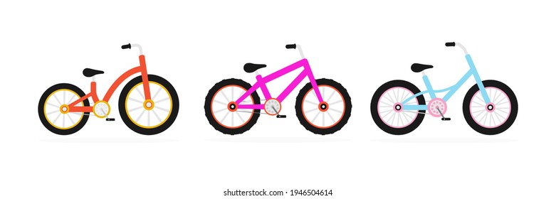 Set Of Kids Bikes. Different Bicycles Colorful Collection. Various Multicolor Child Bikes Group. Vector Illustration Isolated On White