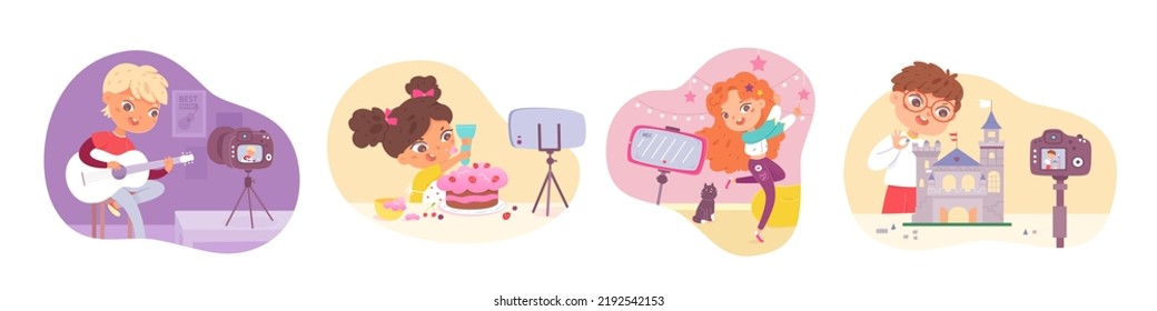 Set of kids bloggers shooting video use camera and smartphone vector flat illustration. Funny boys and girls creating entertainment content handmade craft creation, dancing, cooking and playing guitar