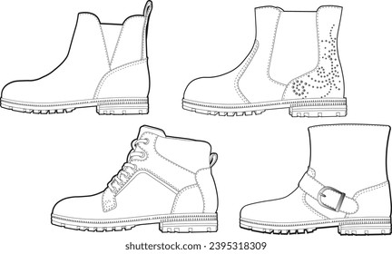 Un conjunto de botas para niños, vector de zapatos, dibujo de líneas de zapatos, ilustración de botas para niños, zapatos de moda, ilustración de calzado, botas de chelsea, bocetos de zapatos para niños