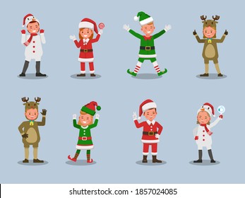 Set of kids boy and girl wearing Christmas costumes character vector design. Presentation in various action with emotions.