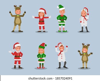 Set of kids boy and girl wearing Christmas costumes character vector design. Presentation in various action with emotions.